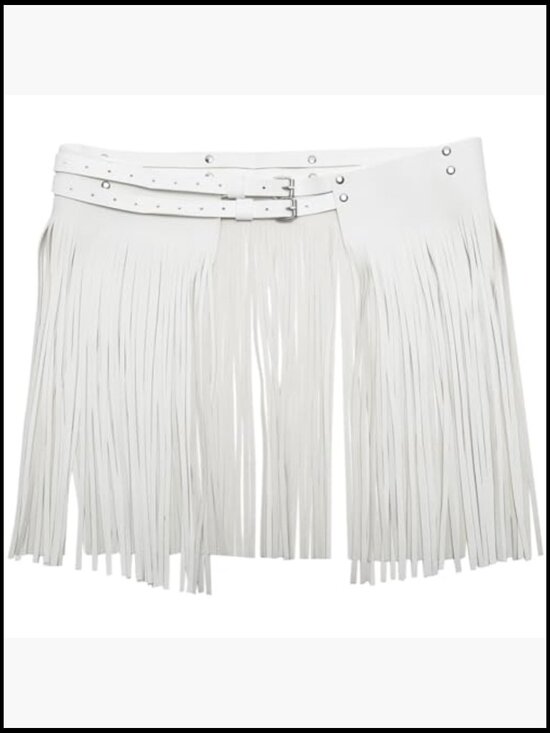 White Fringe Double-Buckle Leather Belt